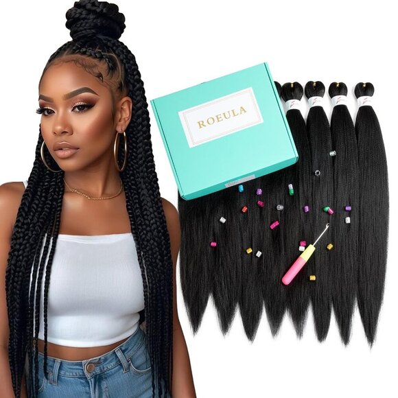 Pre Stretched Braiding Hair 20 Inch 8 Packs Long Black Braiding Hair Pre Stretch - Picture 1 of 6